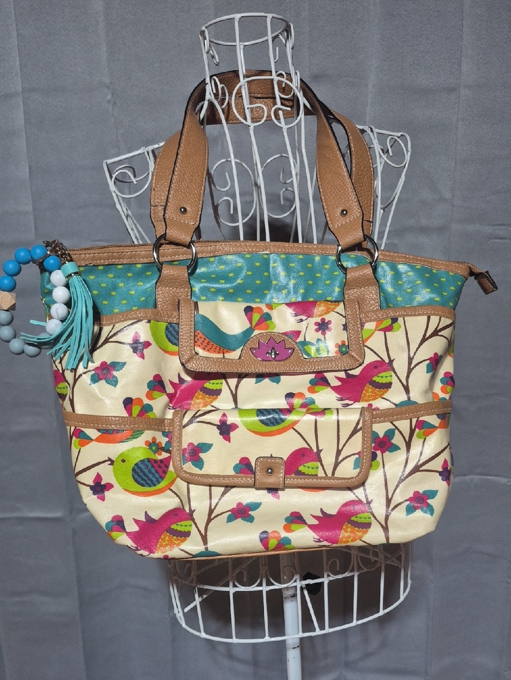 Lily Bloom Multicolor Bird Print Tote with Tan Handles
